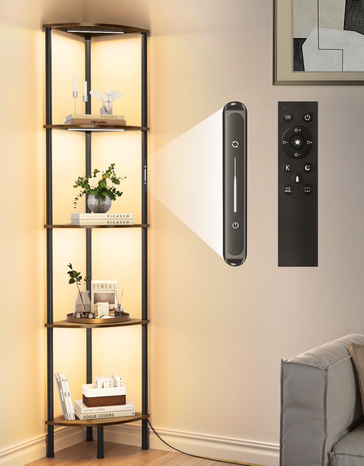 OUTONLIFE Lámpara de Pie LED con Estantería, 3 Tonos de Luz, Regulable con Tacto y Control Remoto, Estantería Esquinera Alta con 5 Niveles para Salón, Dormitorio, Oficina