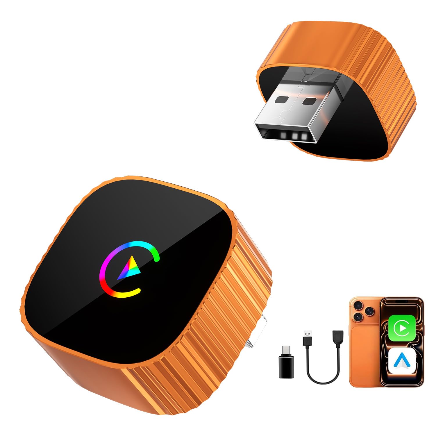 Wireless carplay Adapter for iPhone（IOS10+）.Phone-car Connectivity. Orange Color. Wired to Wireless Smart car Machine Interconnection abox. Mini Size with Extended USB-A and Type-C-image-35