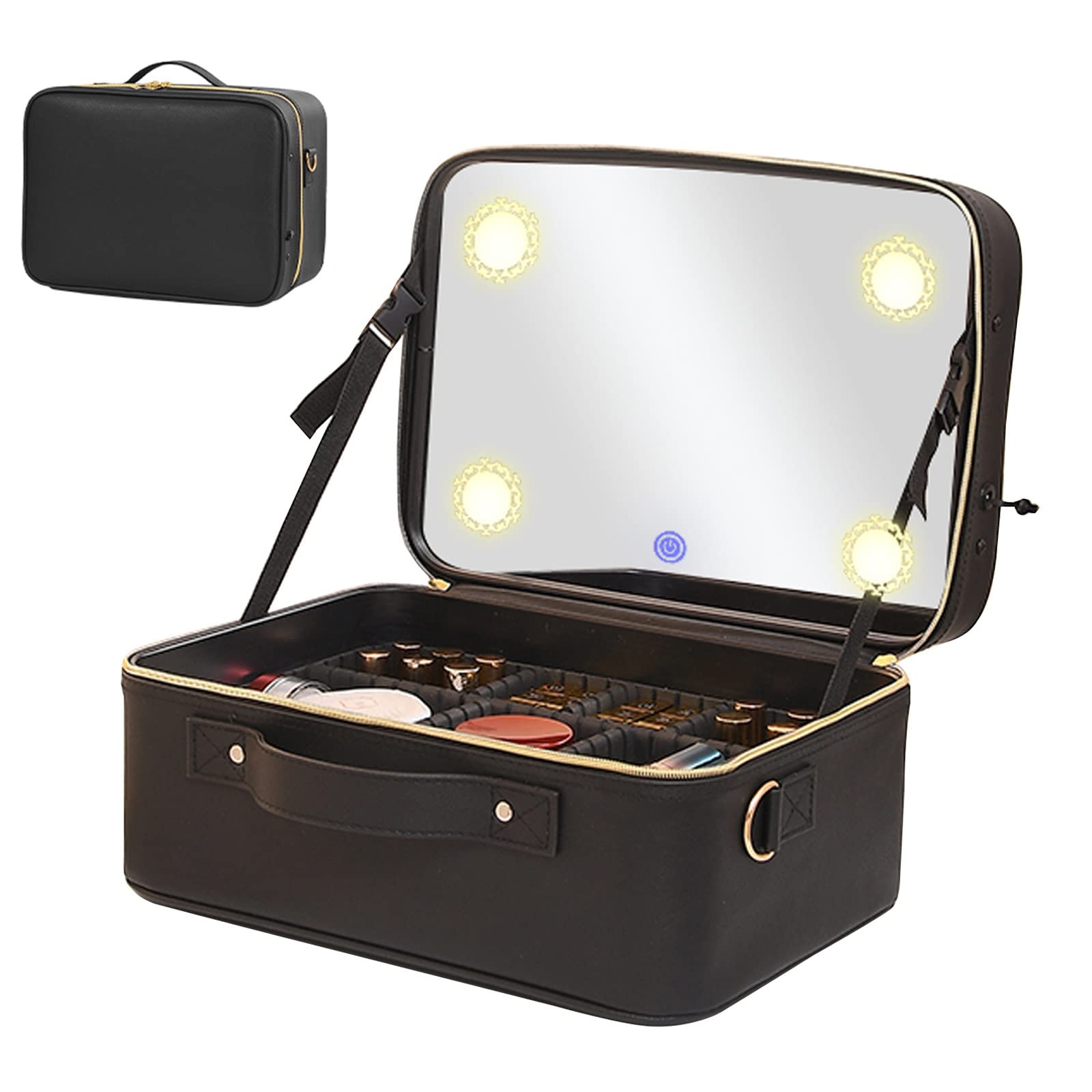 Umiup Neceser de Viaje para Maquillaje, Estuche para cosméticos, con luz LED y Espejo, para cosméticos, brochas de Maquillaje, artículos de tocador, Tres Tonos de luz, Soporte portátil para brocha