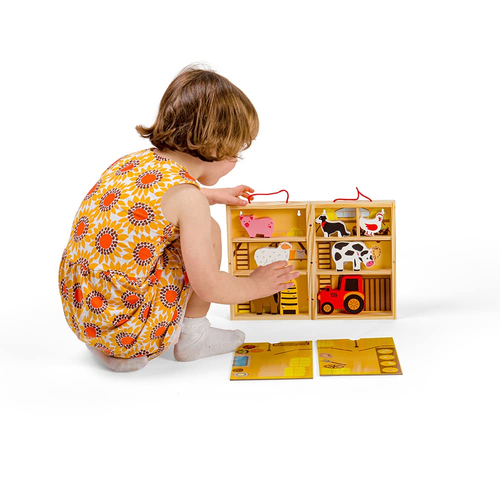 Bigjigs Toys Farm Play Box - Wooden Playset with 5 Farm Animals & 2 Fold-out Play Mats, Portable Toy Farm Wooden Dolls House, Montessori Toys for 18 Months +, Farm Set Roleplay Toy