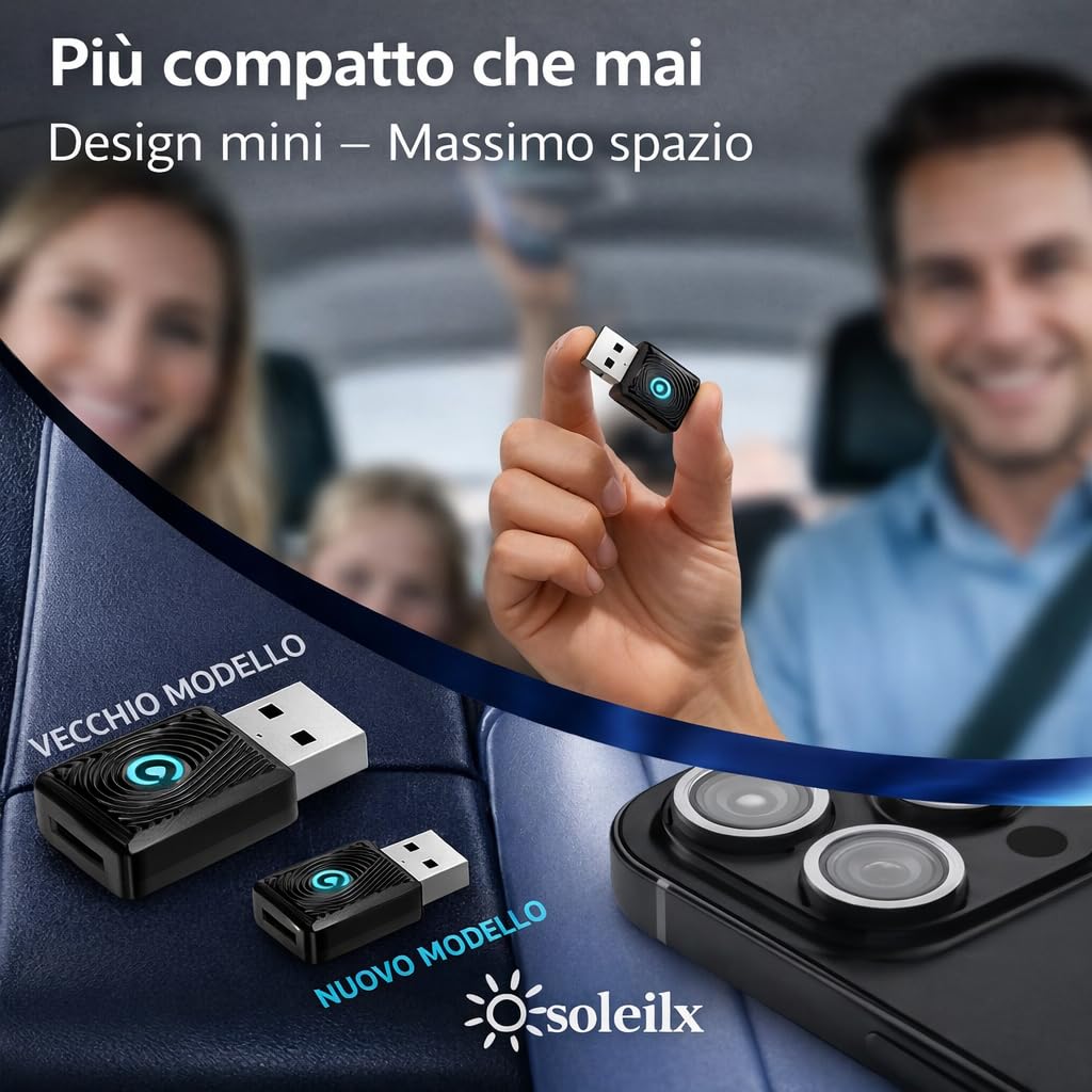 MINI Adattatore 2-in-1 Wireless CarPlay e Android Auto, Bluetooth 5.3, WiFi 6 Dual Band, USB-A e USB-C, Compatibile con iPhone iOS 10+