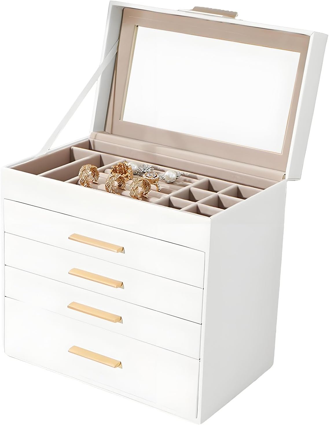 5 Layer Jewelry Box for Women, Glass Lid Jewelry Organizer with 5 Drawers for Necklaces Rings Earrings Bracelets - White (Pearl White)