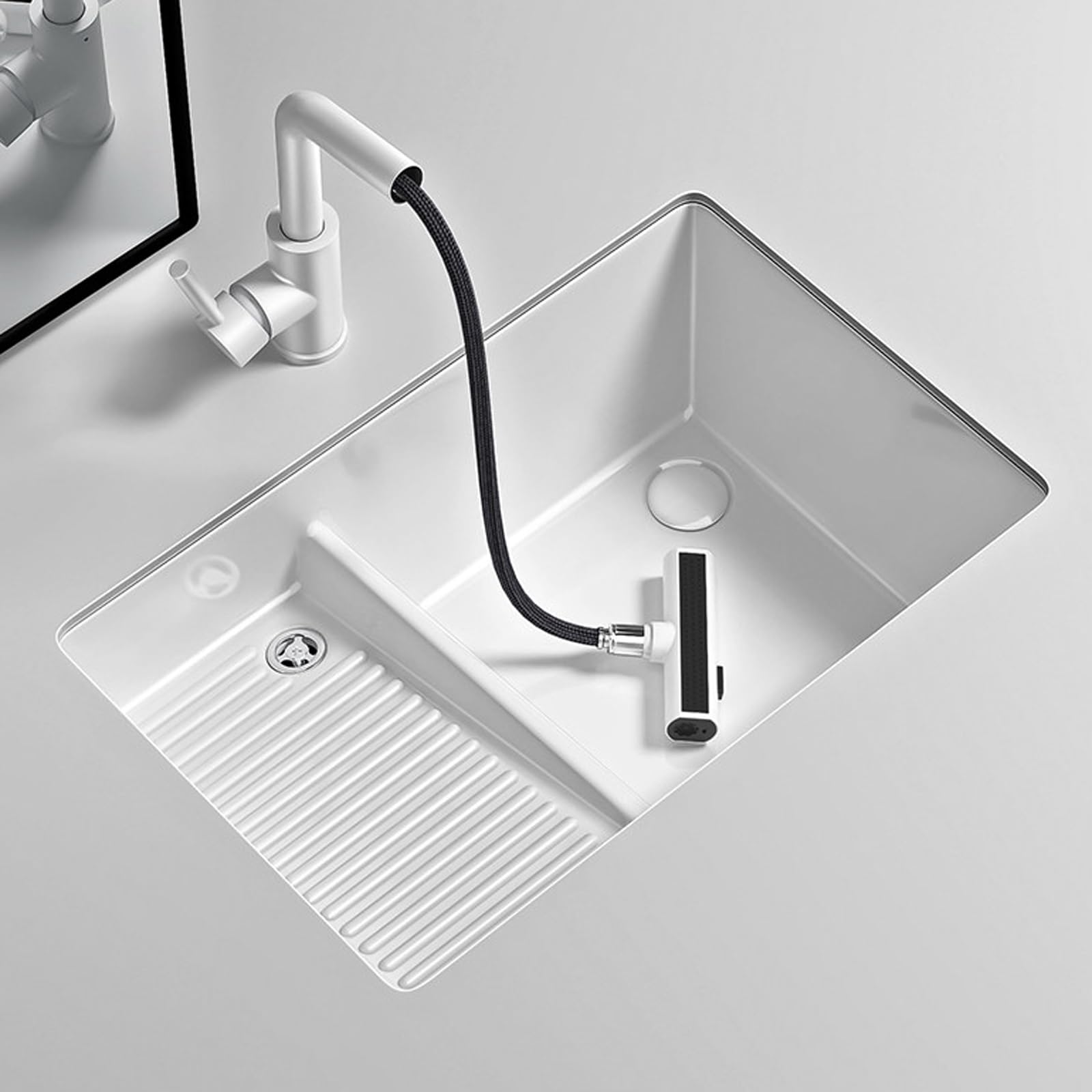 Fregadero de lavandería con grifo extraíble y tabla de lavado, lavabo de cerámica para lavandería, baño, balcón