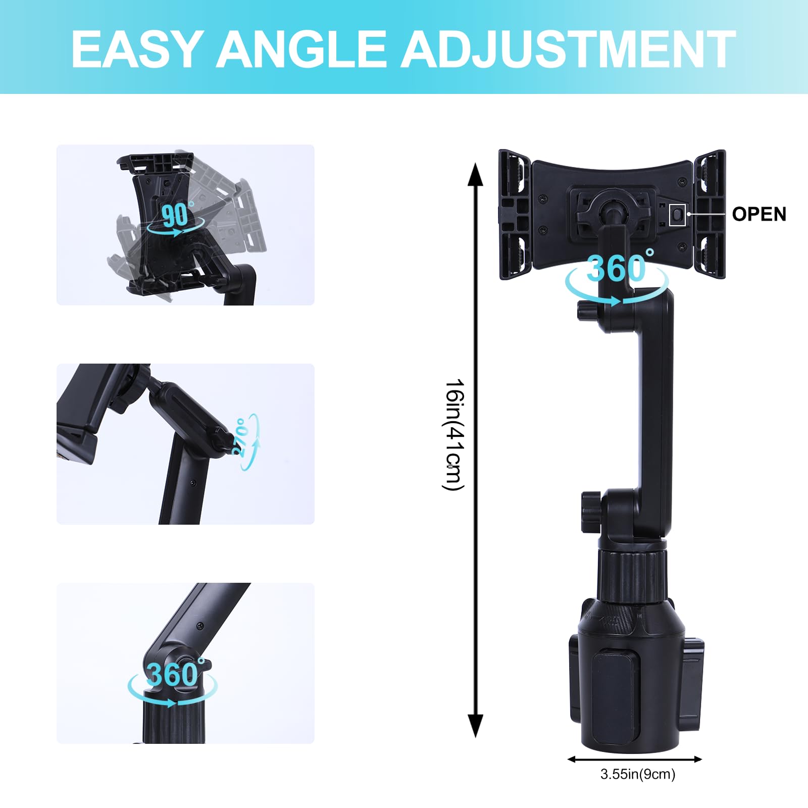 Support Voiture Pour Tablette Et Téléphone - Bras Long Réglable Pour Porte-Gobelet, Compatible IPad, IPhone Jusqu'à 13"