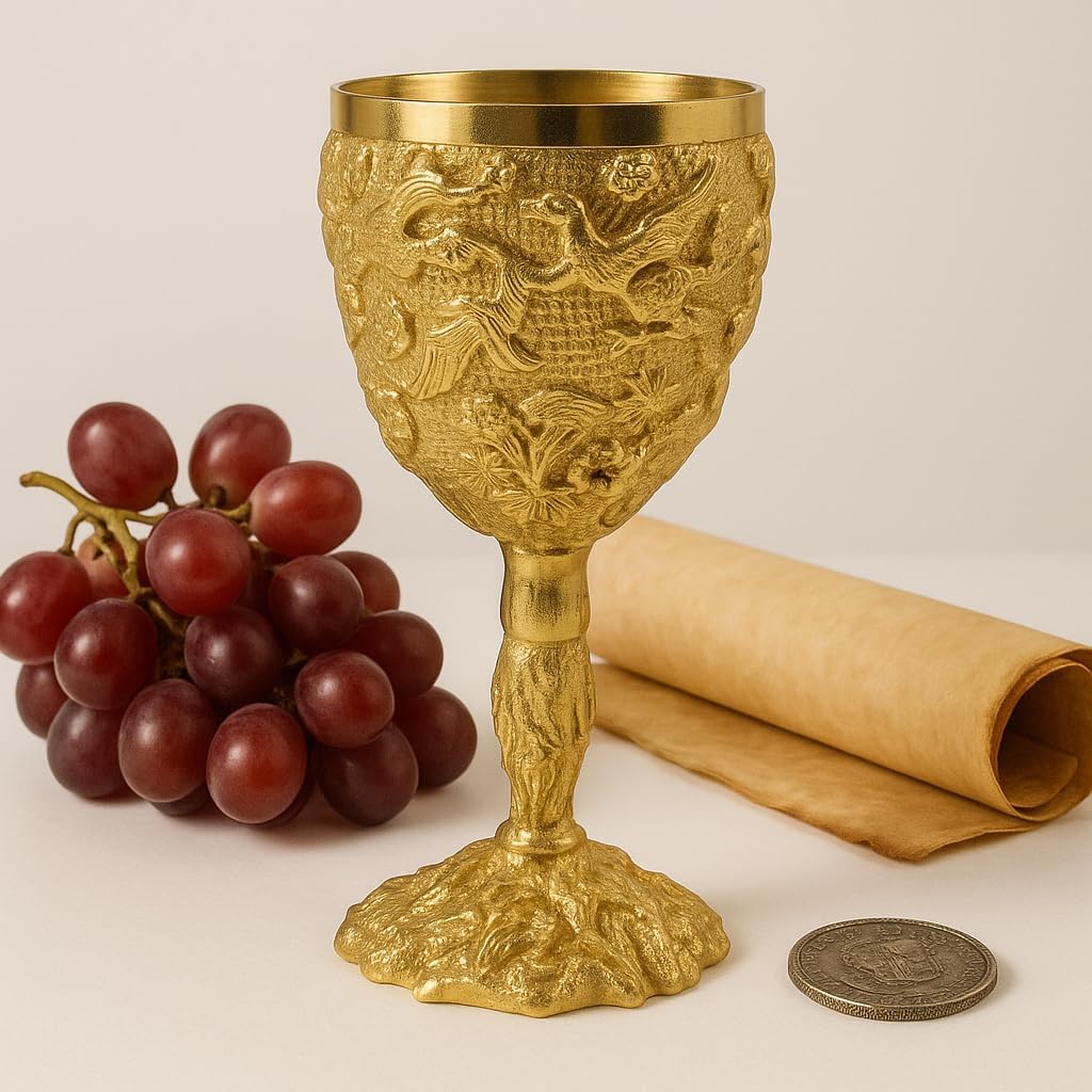 Emboss Floral Handcrafted Medieval Gold Plated Brass Chalice 6 oz| Handcrafted Cup Set For Spiritual Gifts, Fantasy Decor, or Game Night Collectors|Royal Drinking Glass
