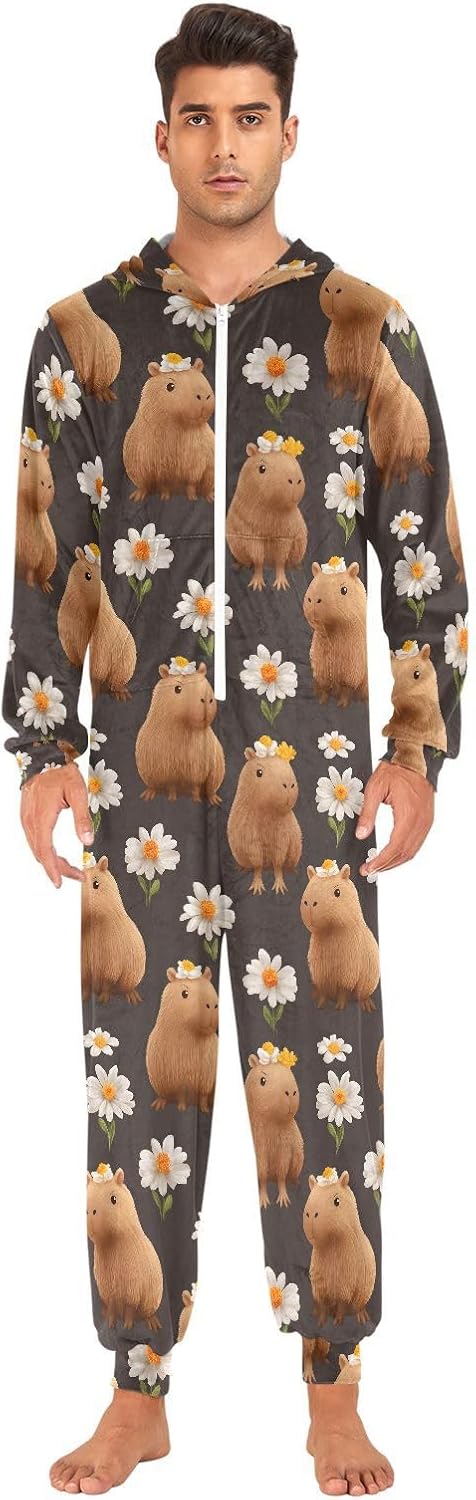 ALAZA Cute Capibala Daisy Blossom Flower Adult Onesie Unisex Pajamas One-Piece Costume Hooded Jumpsuit Sleepwear for Men Women L Multicolor