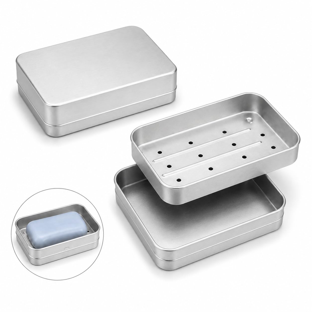 2Pcs Aluminium Soap Dish 3-Layer with Lid, Self Draining Soap Holders
