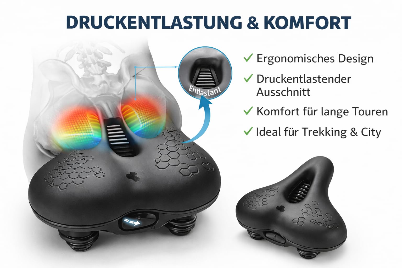 Trekking Gel-Polster-Sattel für Fahrrad,Fahrradsattel Komfort mit Federung – Ergonomischer Gel-Sattel mit Stoßdämpfer & Belüftung – Extra Breiter Fahrradsitz für Damen & Herren