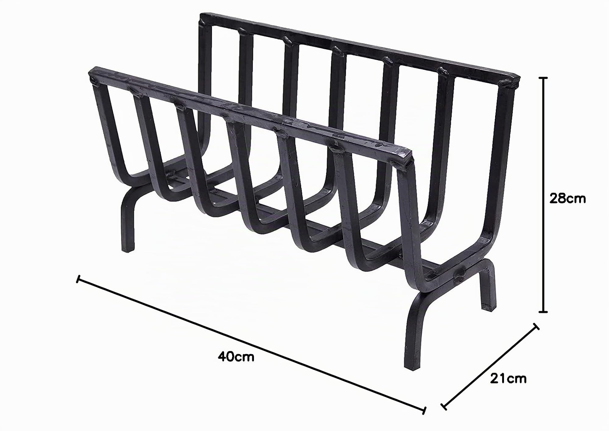 Brasero para barbacoa de chimenea en hierro forjado con soporte para leña (BRUCIALEGNA estrecho de hierro forjado 40 x 21 cm)