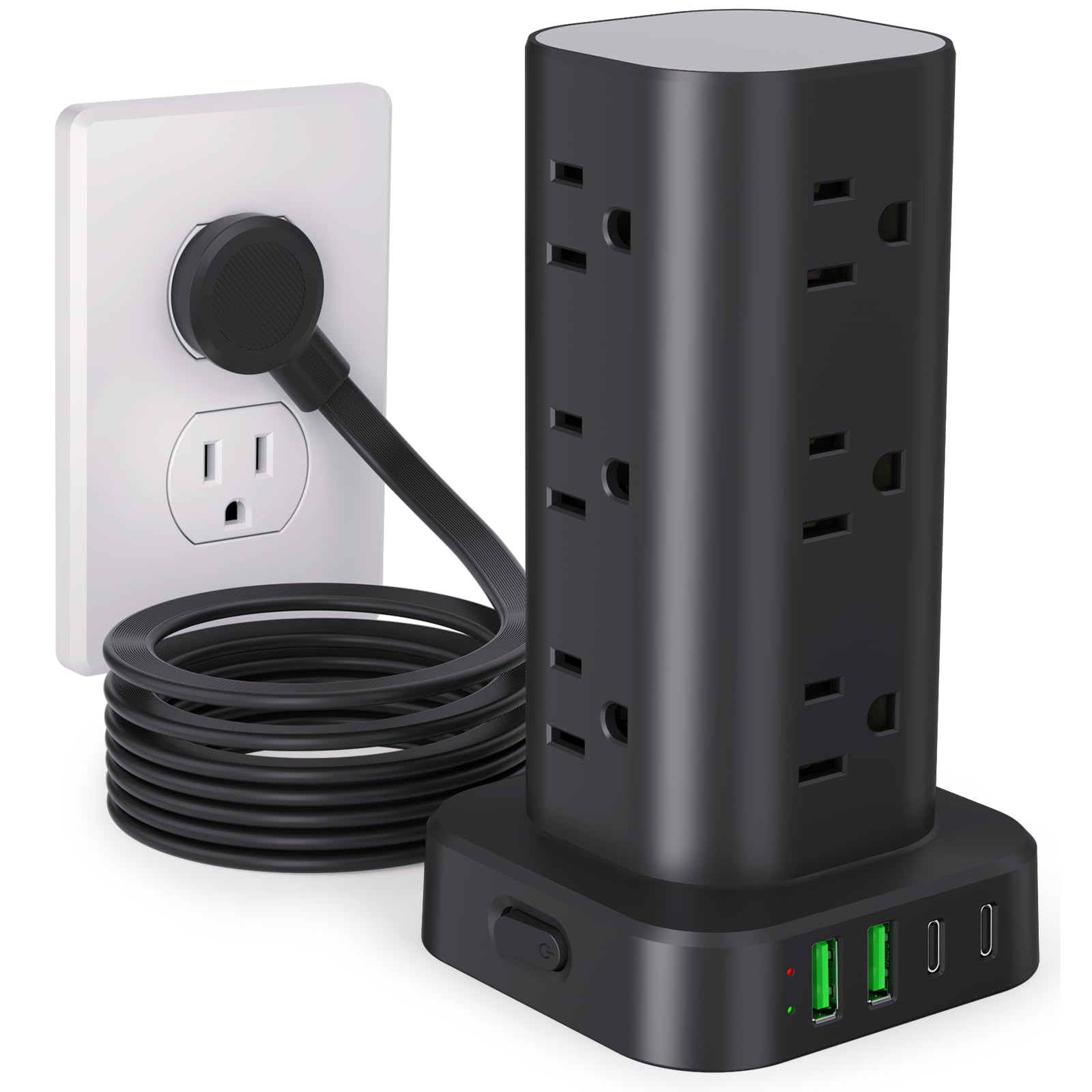 Power Strip Tower with Multiple Outlets, Flat Plug Surge Protector Tower Extension Cord with 12 AC Outlets 4 USB Ports (2 USB C), 10FT Cord Power Tower Surge Protector for Home Office Dorm Room, Black Black 10FT without Wireless Charging