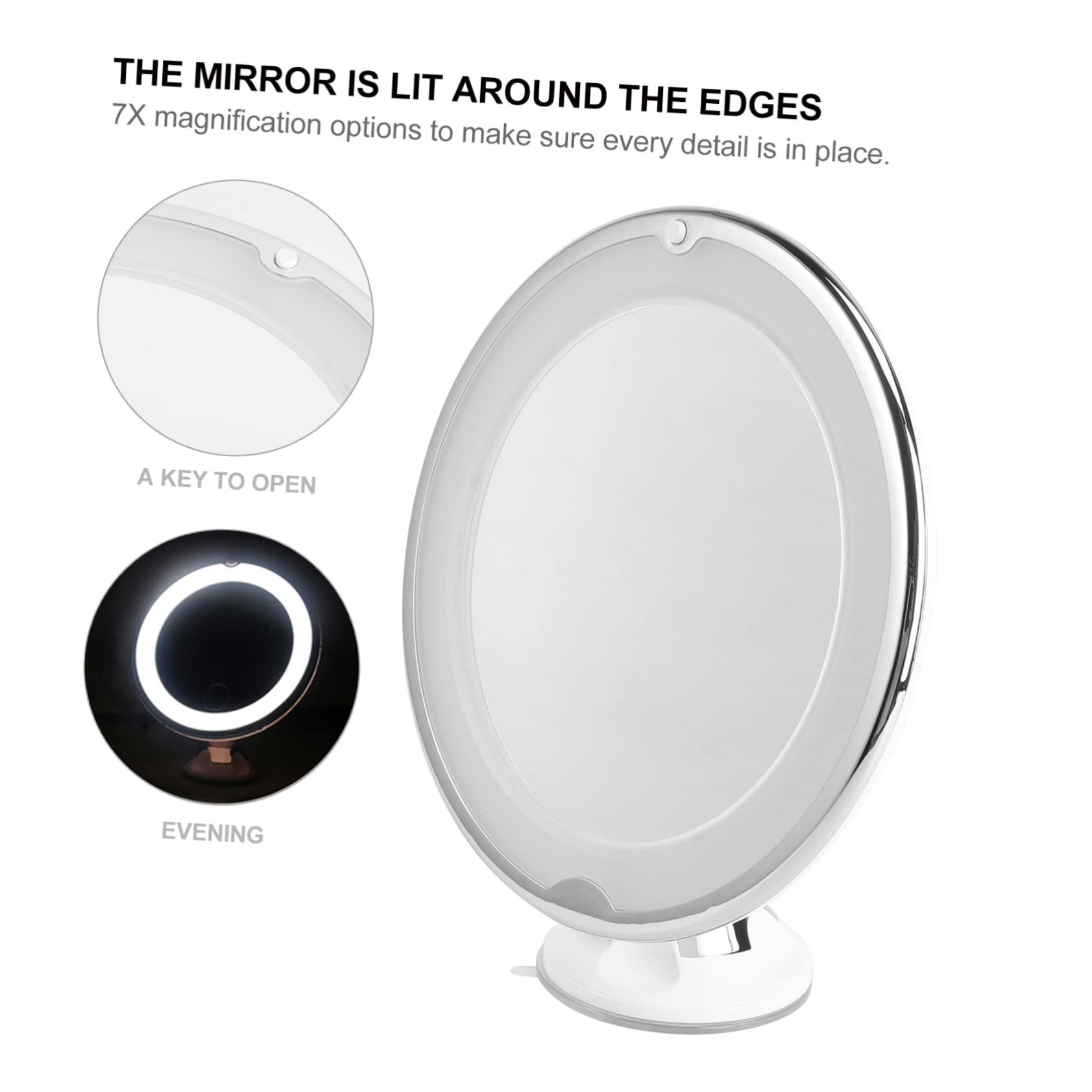 Cosmetico Rotondo con LED e Ventosa per Applicazioni Make Up e Ritocchi Bianco Batteria