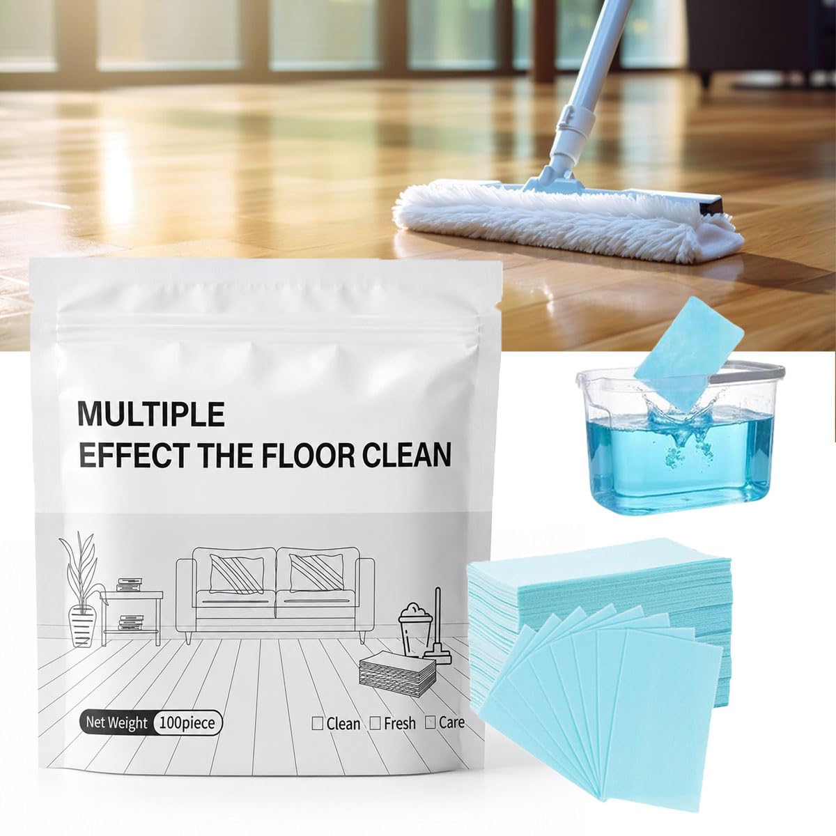 Multi-Effekt-Bodenreinigungstücher, Floor Cleaning Tablets, Upgrade floor cleaning wipes 100-teilige Packung, multi surface floor cleaner für Hartholz, Fliesen, Laminat und mehr (100-Blau)
