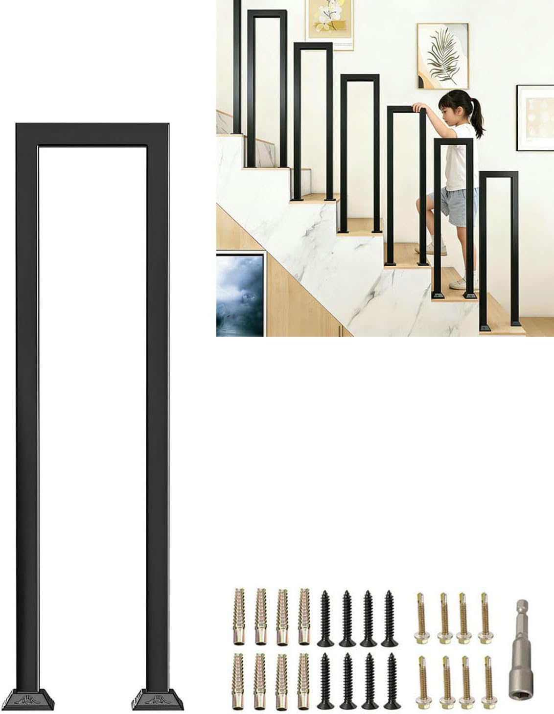 Stair Railing Lndoor, Hand Rails for Outdoor Steps, Matte Black Square Tube U Shaped Handrails with Cover, Industrial Wrought Iron Railing, for Stairs Loft Garden Porch, Height: 85CM 1Pcs (1, 33.45")