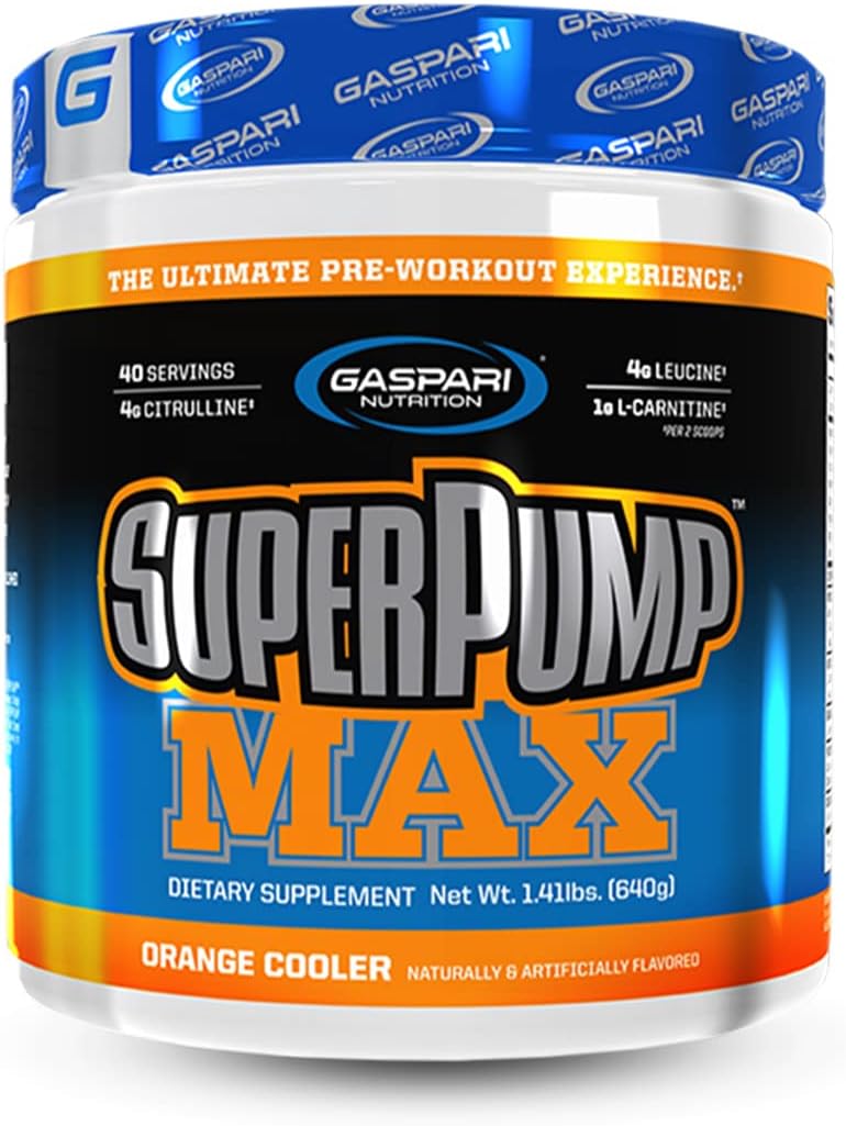 Super Pump Max, Pre Workout Supplement 40 Servings, Non-Habit-Forming, Sustained Energy & Nitric Oxide Booster Supports Muscle Growth, Recovery & Replenishes Electrolytes, Orange