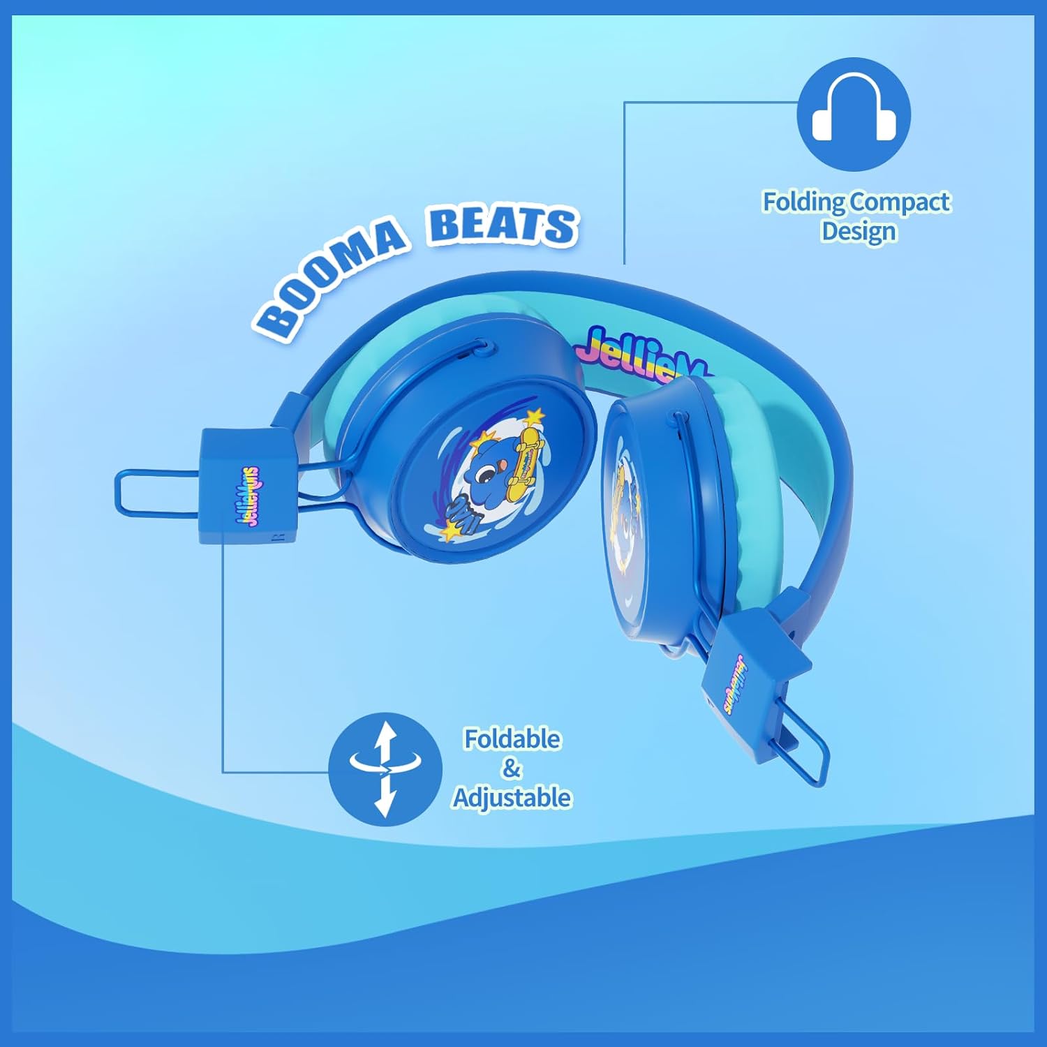 Booma Beats Wired Headphones for Kids, 3.5mm Plug, Fun Characters and Colors, Volume Controls, Great for School (Blue)