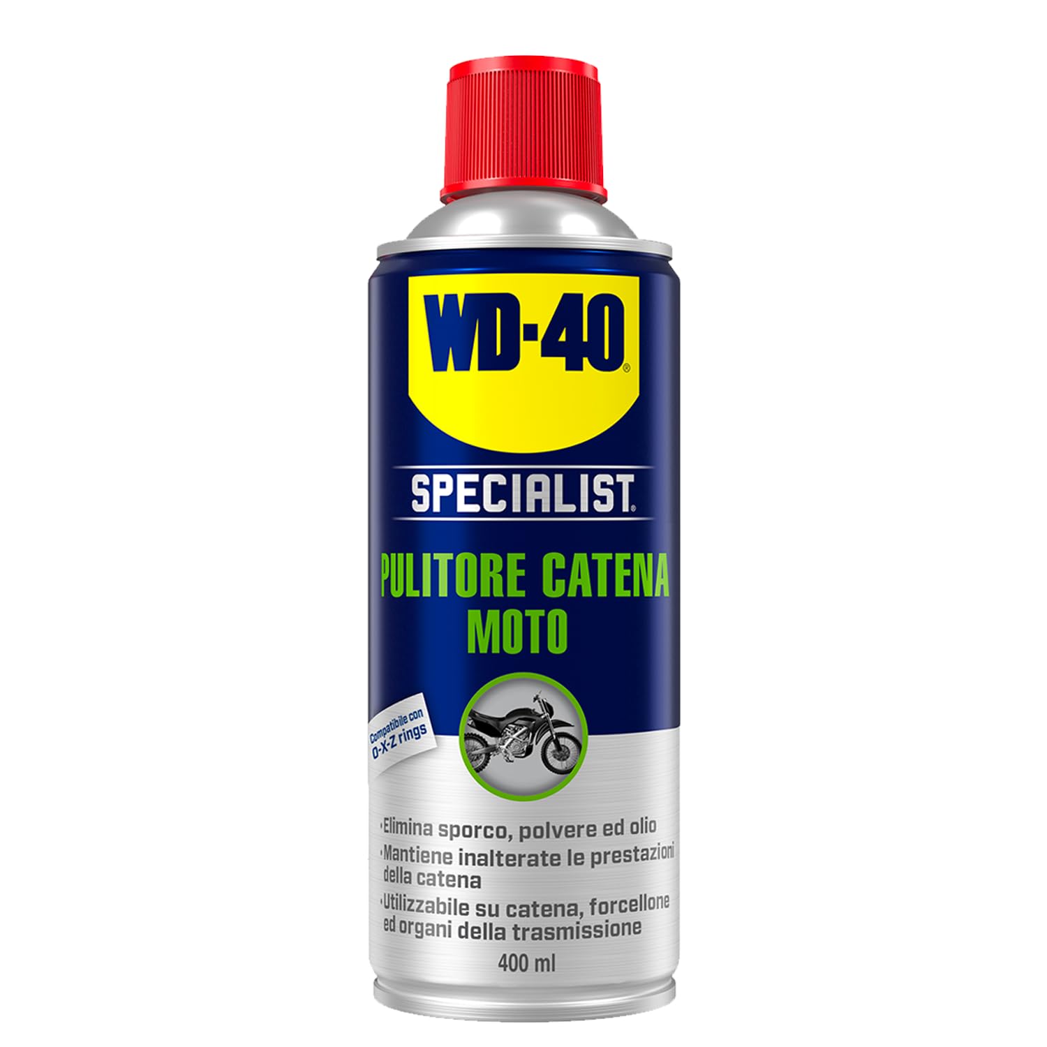 WD-​40 - Specialist - Pulitore Catena Moto - Asciugatura rapida, Non lascia residui - Pulisce, previene l'usura - Per catene, forcelloni e trasmissioni - Compatibile con O, X e Z ring - Spray 400ml