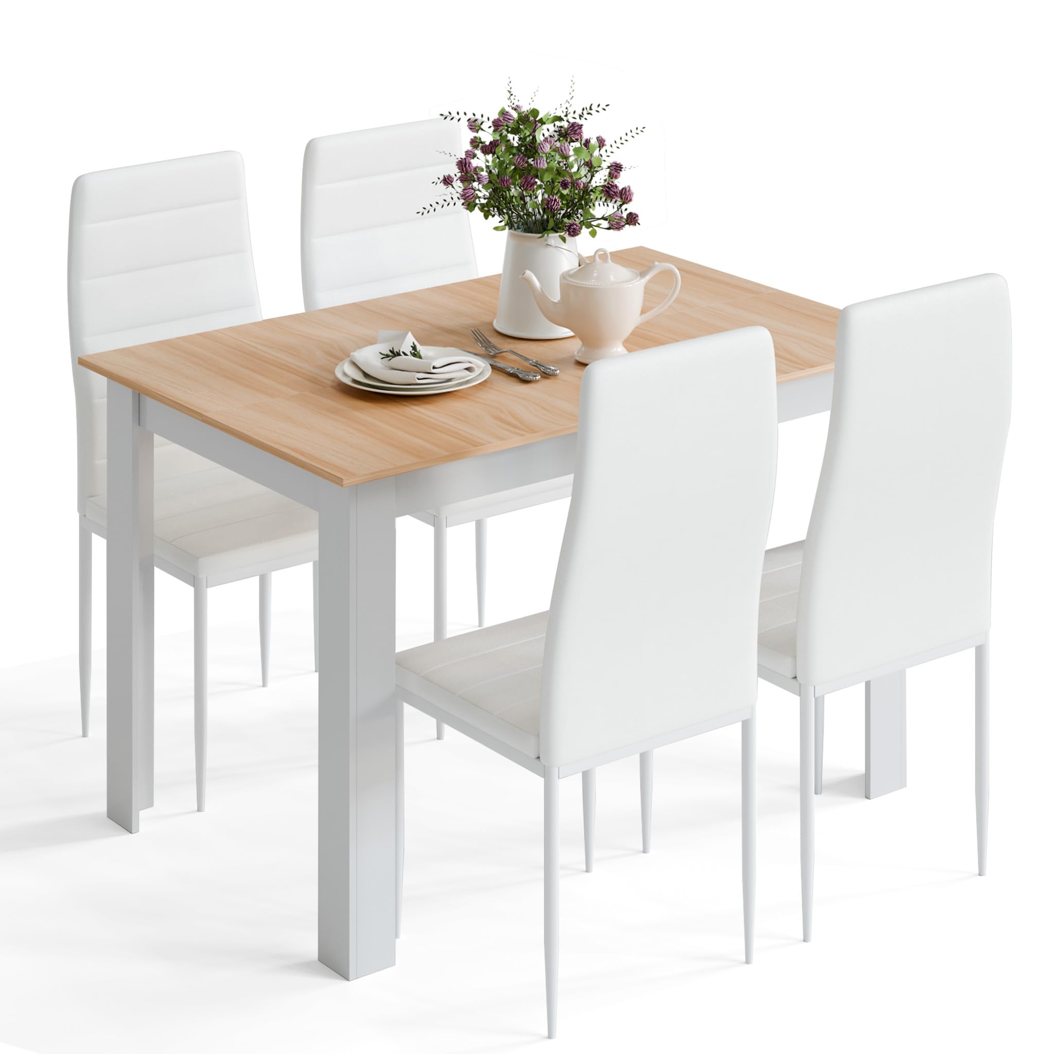 Mondeer Dining Table and Chairs Set 4, Dining Room Sets High Back Faux Leather Chairs, for Kitchen Home Office, 120 x 80 x 75 cm, Oak Table and White Chairs
