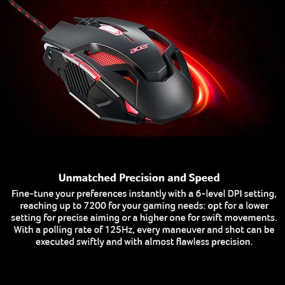 acer Nitro Gaming Mouse III: Mouse ottico da gioco 6D con alta frequenza di polling di 125 MHz, 7 luci di respirazione colorate con logo e motivo LED, 6 spostamenti DPI opzionali (800-7200), 6