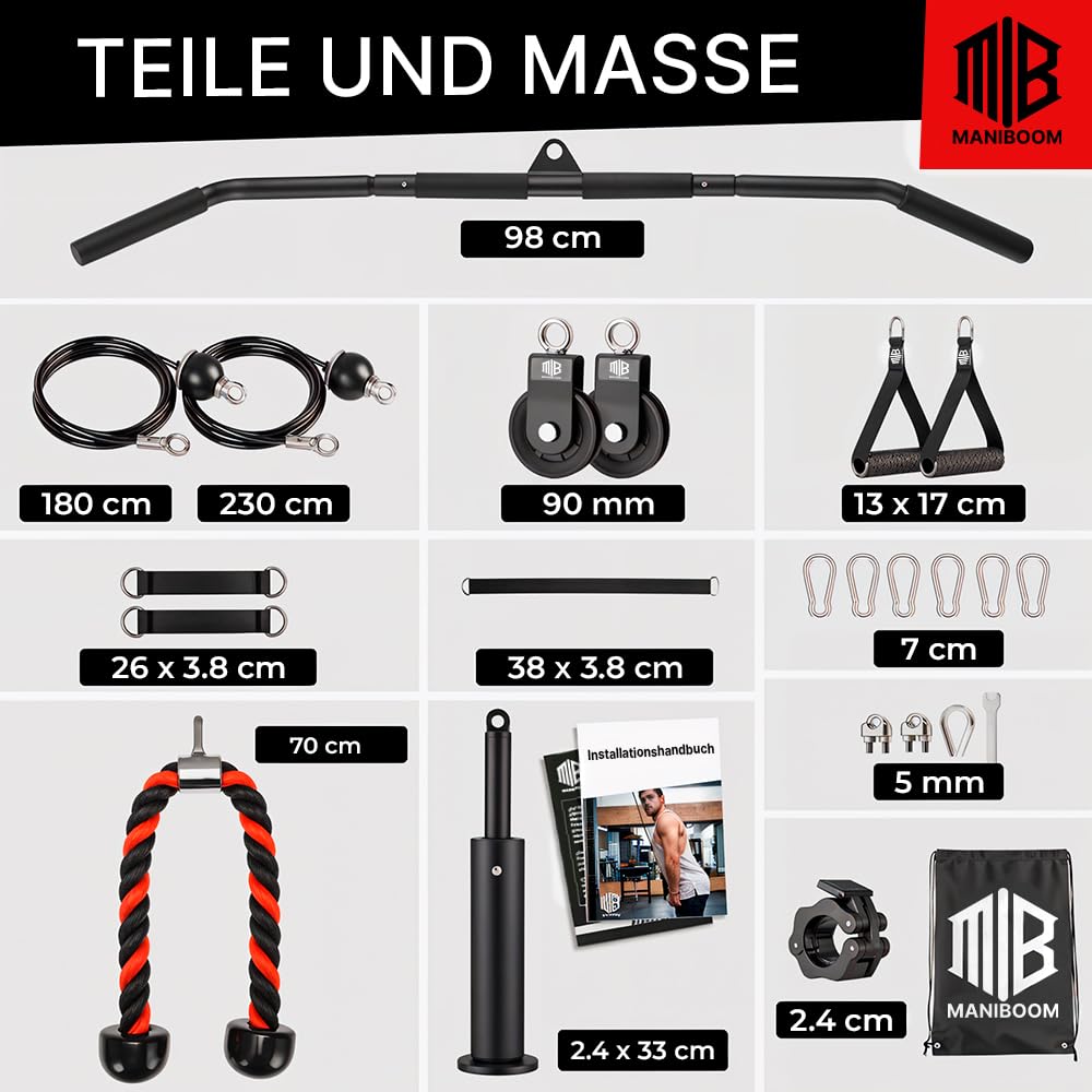 ManiBoom Kabelzug Fitness Set (204 kg) - Seilzug Fitness System mit 2-in-1 Stange, Trizepsseil und Griffen für Home Gym