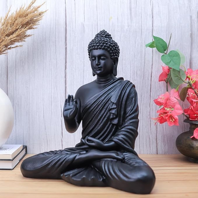 Image of Beautiful Sitting Buddha Idol Statue for Home & Garden Living Room | Healing Spirit Blessing Buddha Statue - 15 Inch Size (Dark Black)