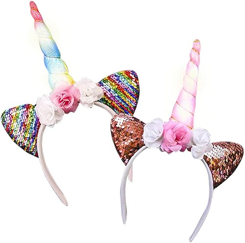 ArtCreativity Diademas de flores de unicornio iluminadas para niñas, juego de 2, diadema de cumpleaños con cuerno intermitente, suministros y