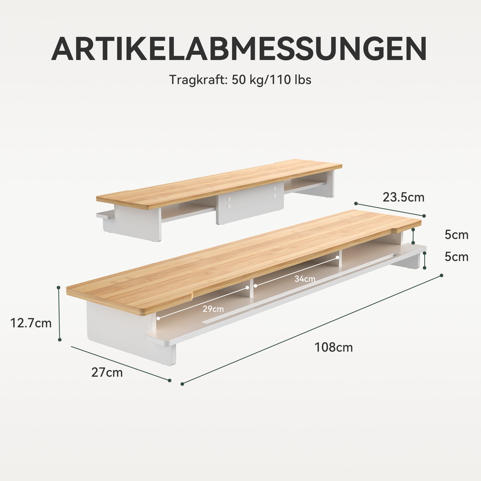 WELL WENG Monitorständer Doppelmonitorständer für Schreibtisch, Holzregal für Schreibtisch mit Aufbewahrungsorganizer und Halterung für Smartphone und Tablet (108 cm, weiß und naturfarbenes Bambus)