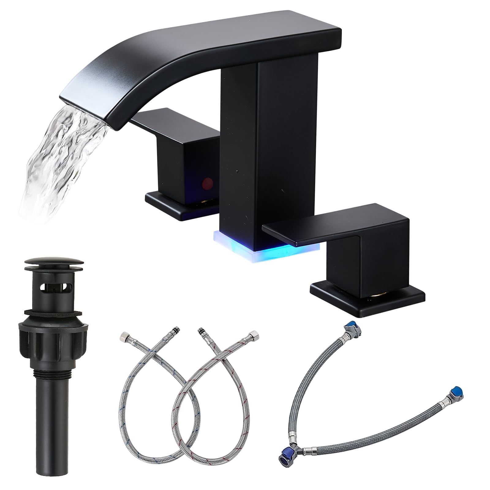 Bathroom Faucets 8 Inch Widespread Bathroom Sink Faucet Two Handles Black Bathroom Faucet 3 Hole Waterfall Vanity Sink Faucet for 3 Hole with LED