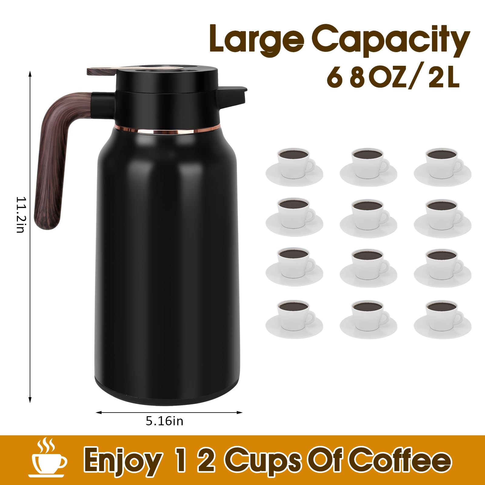 Jarra térmica de café de 70 onzas, jarras de acero inoxidable para líquidos calientes 36 horas, jarras de café aisladas para mantener el café caliente, agua caliente, té, bebidas calientes (negro)