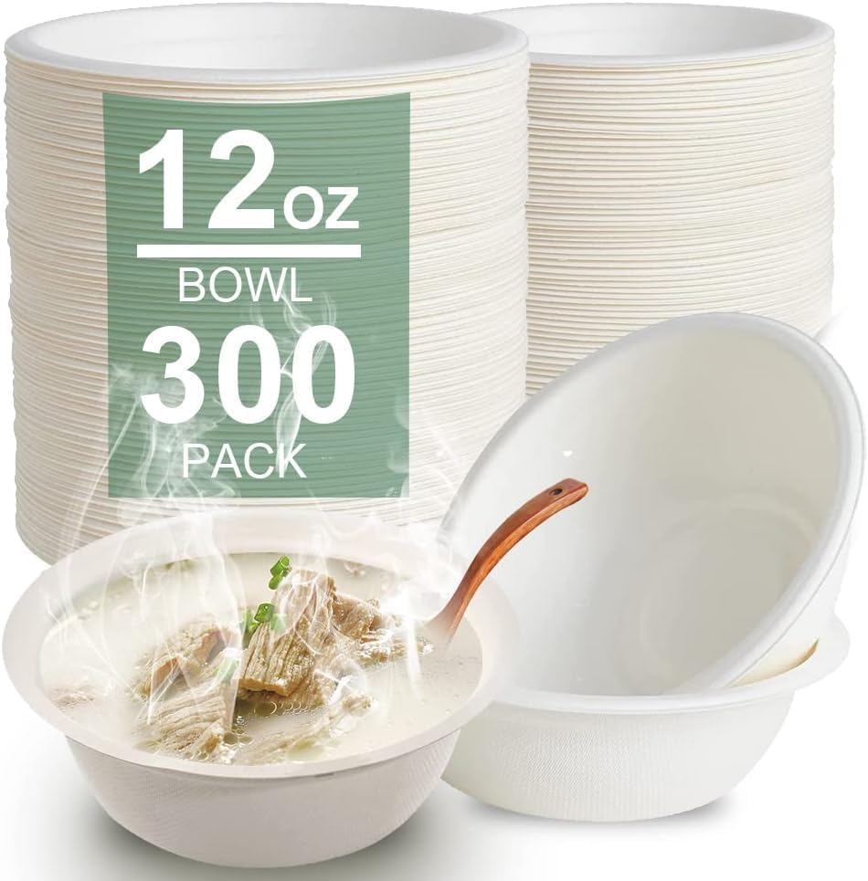LNYBJS 300 Pack Disposable Paper Bowls 12 OZ Compostable Paper Bowls Bulk Biodegradable Soup Bowls Made of Natural Bagasse, Heavy-duty Bowls Perfect for Milk Cereals, Snacks, Salads