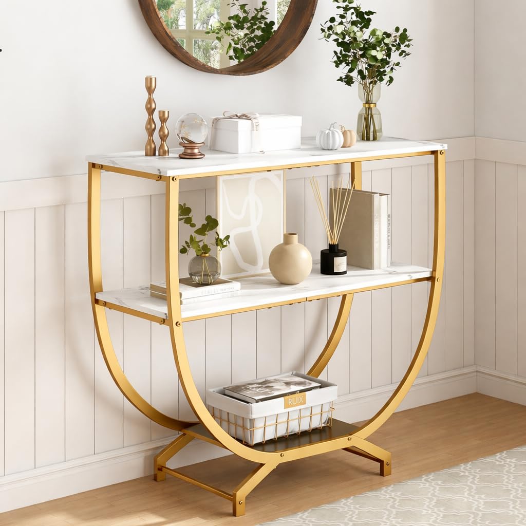 Brown Art SHOPPEE 3 Tier Console Tables, 30" Height Entryway Table, Sofa Table Behind Couch Stand, Entryway Furniture Entry Way Table with Storage for Living Room, Hallway, Entrance, (Gold & White)-image-26