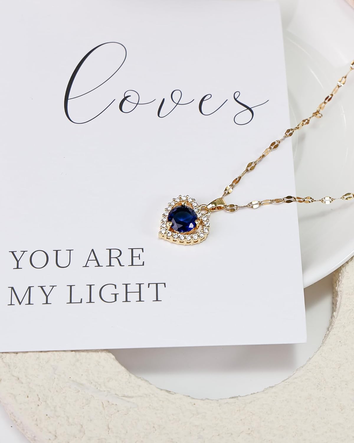 Sapphire Heart Necklace for Women - Blue Birthstone Necklace with CZ, 14K Gold Plated Chain with Gemstone Pendant Jewelry for Valentine's Day Gift - Image 6