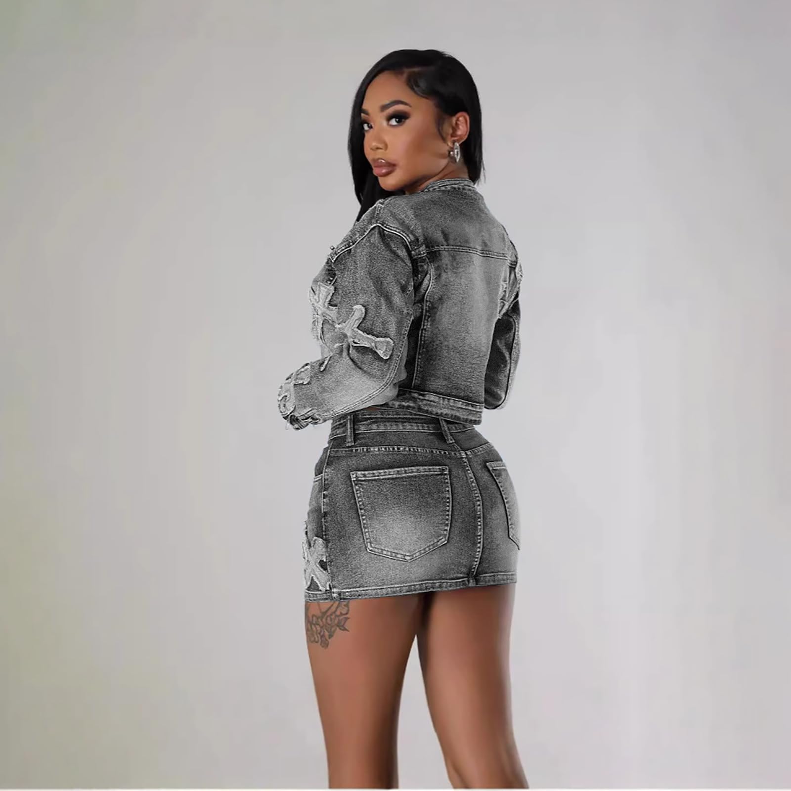 Elainone Conjunto de falda vaquera de 2 piezas para mujer, chaqueta con cremallera y minifalda con bolsillos