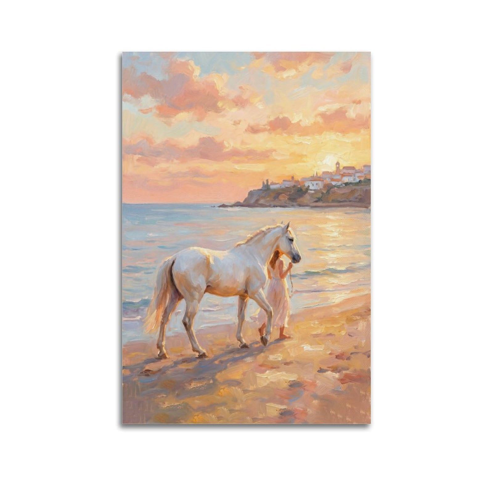 XKUGA Andalusian White Horse Travel Poster Beach Sunset Coastal Vintage Modern Decorative Canvas Prints - Ideal Wall Art for Family, Man Cave, Game Room, Boys & Girls Bedroom 20x30inch(50x75cm)
