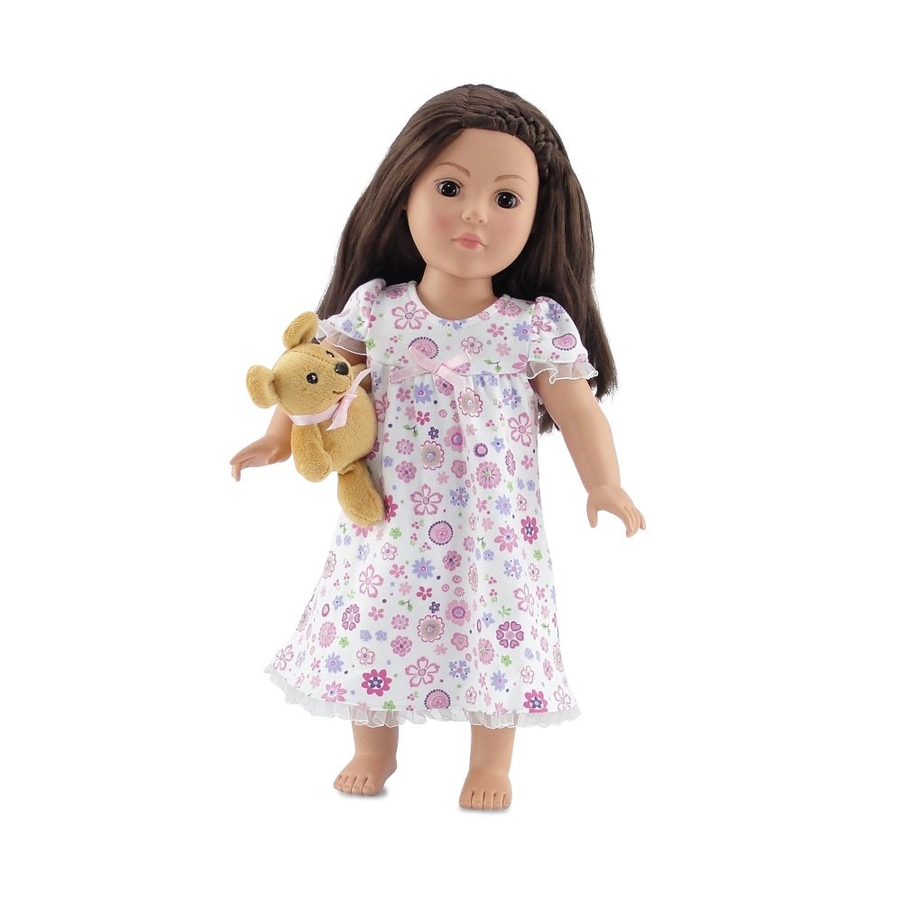 Emily Rose 18 Inch Doll Clothes | Lovely Ruffled Pink Floral Nightgown PJs with Teddy Bear | Fits American Girl Dolls