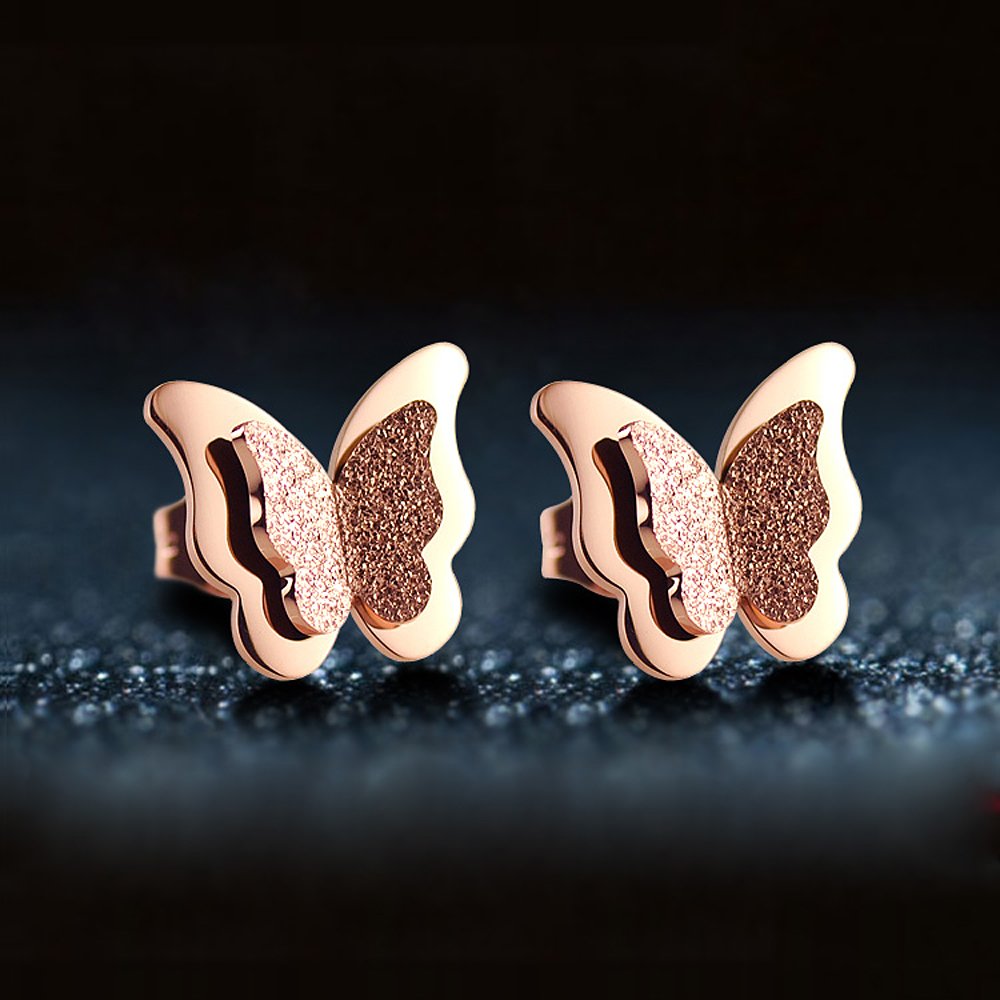 Kim Johanson Edelstahl Damen Schmuckset "Schmetterling" Halskette mit Anhänger, Ohrringe und Armreif in Roségold inkl. Schmuckbeutel