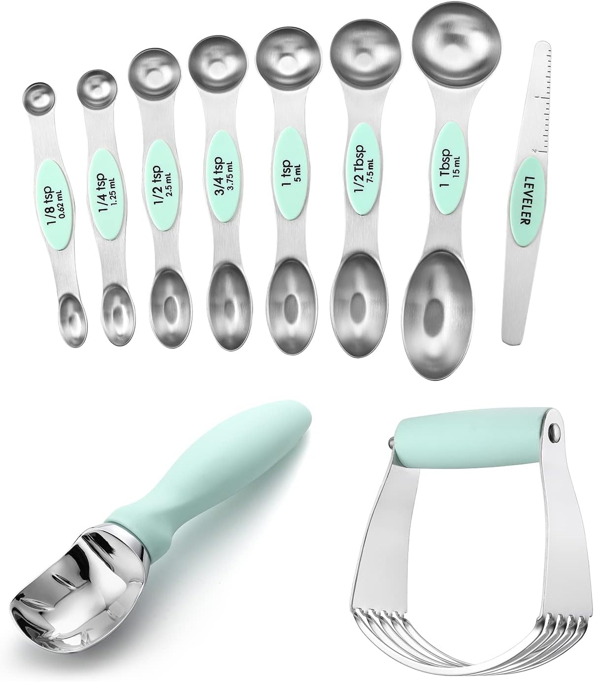 Spring Chef Dessert Bundle - Ice Cream Scoop, Medium Dough Blender, Magnetic Measuring Spoon Set - Mint