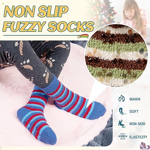 Image of Eyean Kids Fuzzy Socks Non Slip Soft Fluffy Slipper Grips Socks Warm Plush Cozy Cabin Boy Girls Crew Socks 6 Pairs
