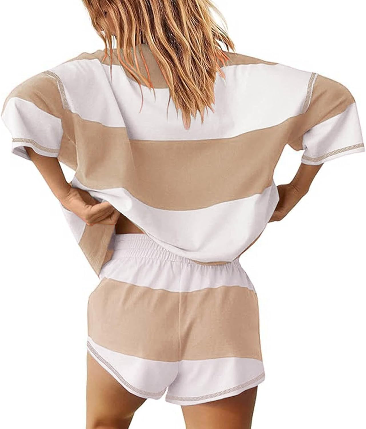 Women's 2 Piece Striped Outfits Oversized Striped Workout Sets Lounge Set Summer Tracksuit Top and Shorts Sets - Image 3