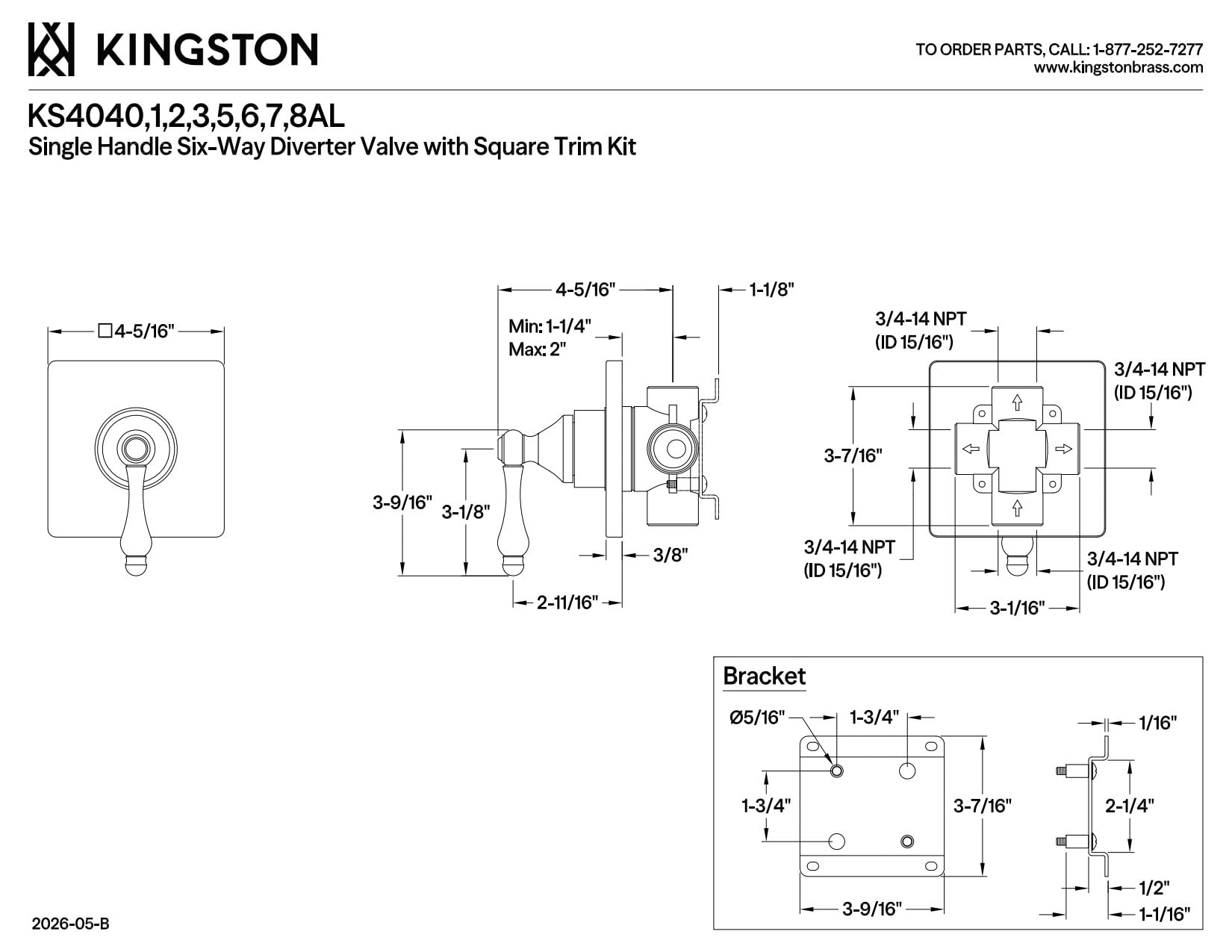 Kingston Brass KS4048AL - Válvula desviadora de seis vías de restauración de un solo mango con kit de molduras, níquel cepillado
