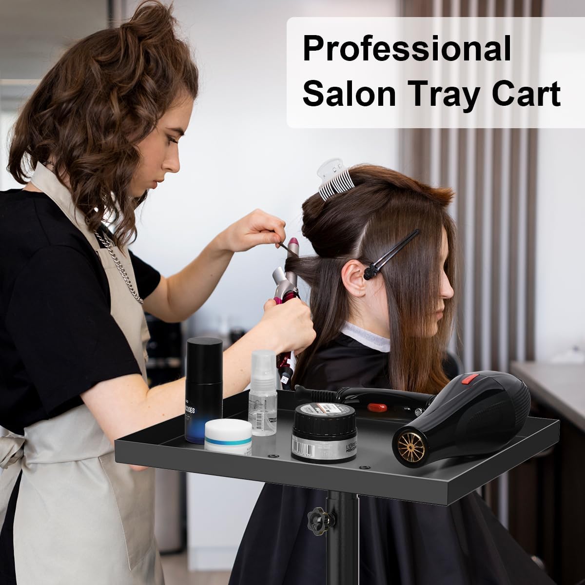 Salon Tray on Wheels, Salon Tray Cart Tattoo Tray Rolling Trolley, Hair Stylist Tray Height Adjustable, Dental Tray Hairdresser Tray Rolling Table Tray Cart (Black)