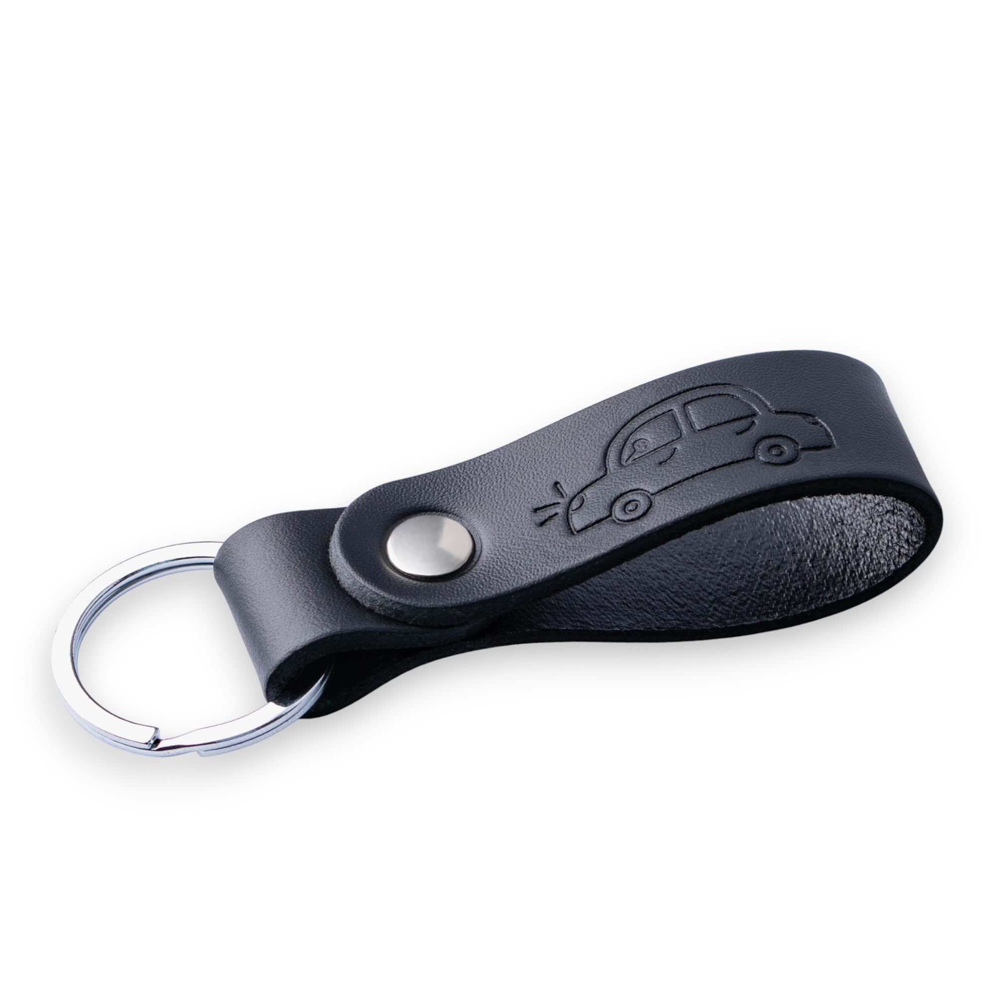 MAGOR Leather Full Grain Keyring for Men and Women, Elegant Black Key Ring with Hot Embossed Design, Personalised Keychain for Car or Home Keys, Premium Gift for Him Her Dad Husband (Car)