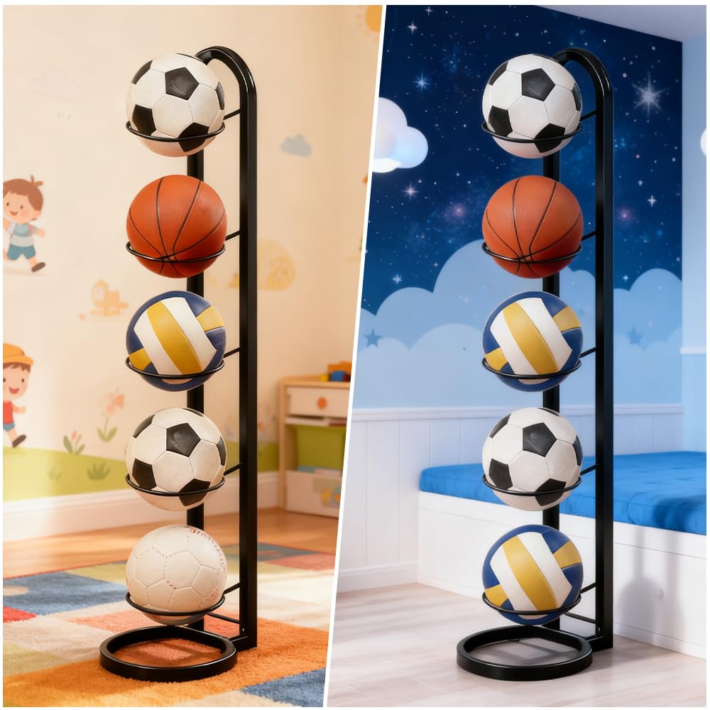 Rangement Ballon 5 Niveaux, Porte Ballon sur Pieds Métal 115.5 × 23.5 cm, Noir