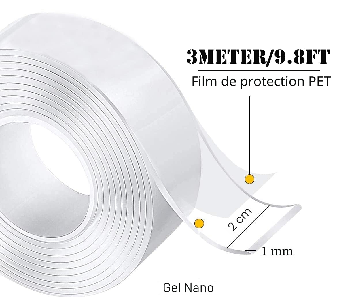Ruban Adhésif Double Face Extra Fort 6M Nano Tape Transparent Lavable Antidérapant