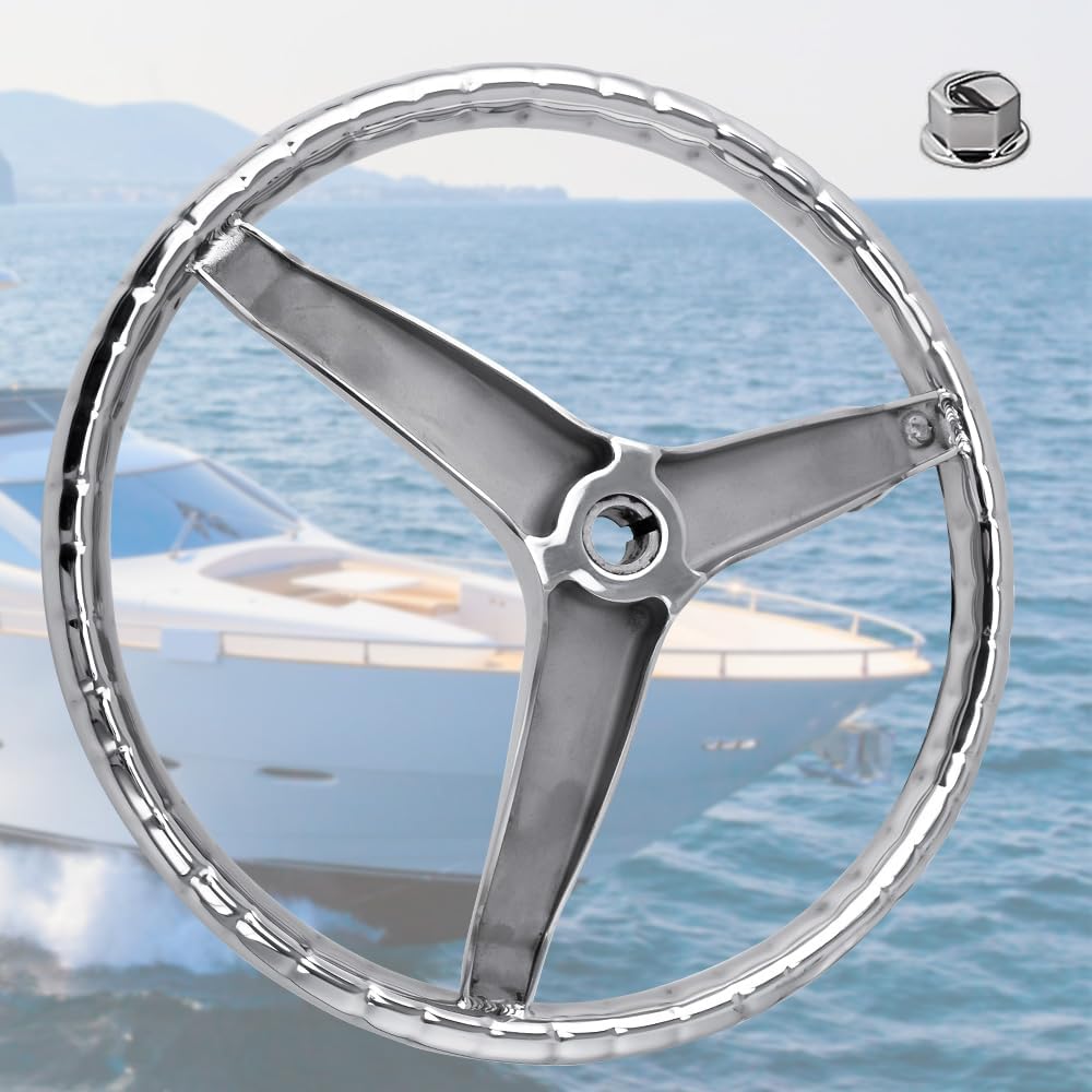 Stainless Steel Boat Steering Wheel with Turning Knob, Destroyer Style Stainless Boat Steering Wheel with Safety Grip Knob for Seastar, Verado,Teleflex Cable Helm and More (3-Spoke Style)