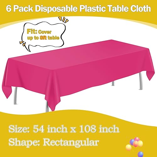 Miniatura 2 de Paquete de 6 manteles de plástico desechables de 54 x 108 pulgadas, manteles rectangulares de plástico para fiestas, color rosa intenso