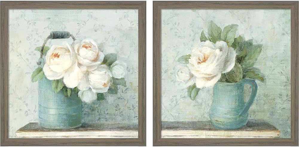 June Roses White Blue by Danhui Nai, 2 Piece Rustic Gray Framed Art Set, 13 X 13 Inches Each, Floral Art