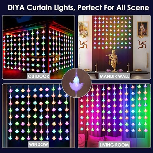 Image of Gesto 80 Diya Curtain Lights - Multicolor Fairy Lights with 8 Modes Controller | AC Powered Diya Lights for Home,Balcony,Mandir,Pooja Room,Diwali Decoration,Festival Decor & Hanging Lights (10 x 3 Ft)