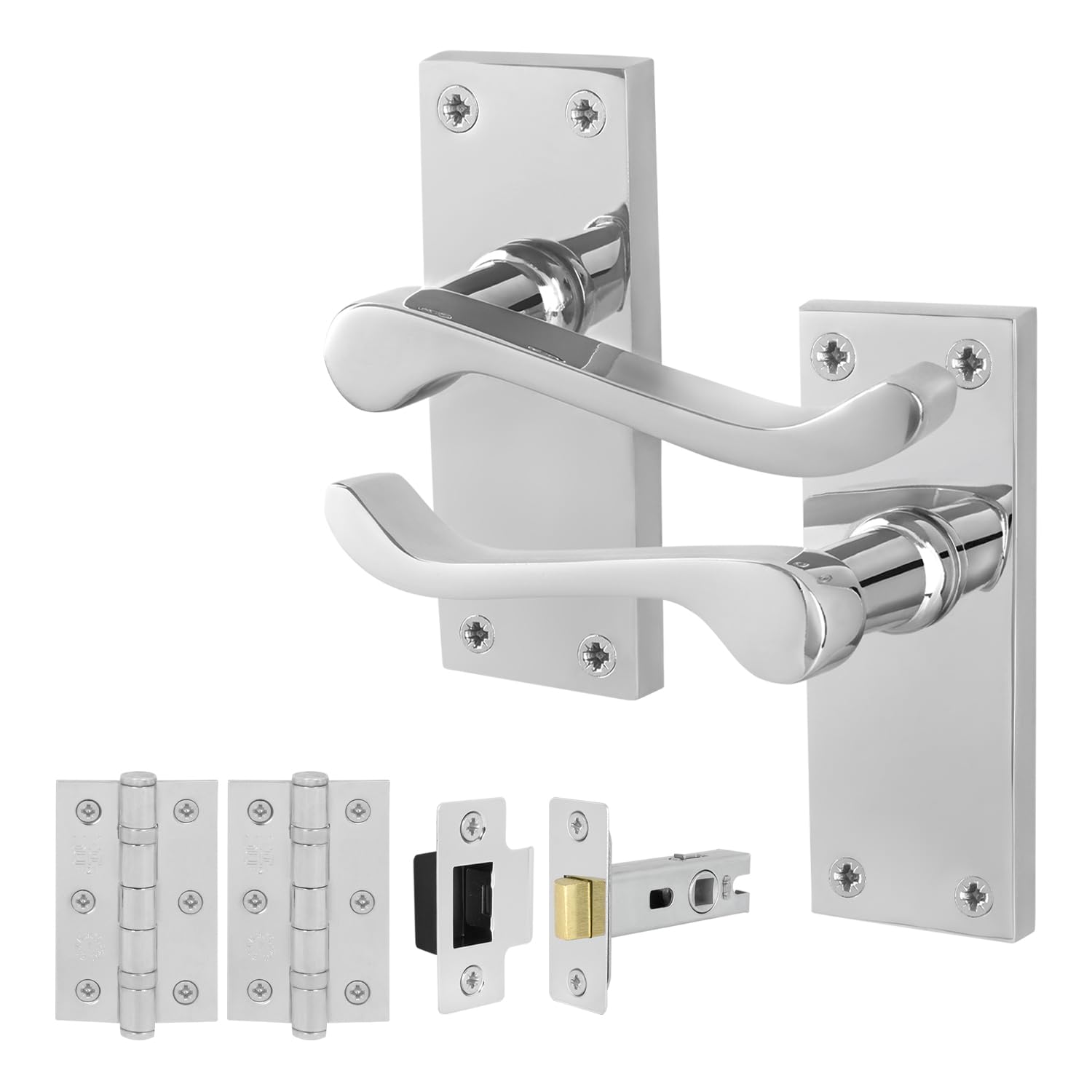 EAI Chrome Victorian Scroll Latch Handle Set, 1 Pair Polished Chrome Internal Lever Door Handles on Backplate, Latch 64mm, Hinges โ image 1