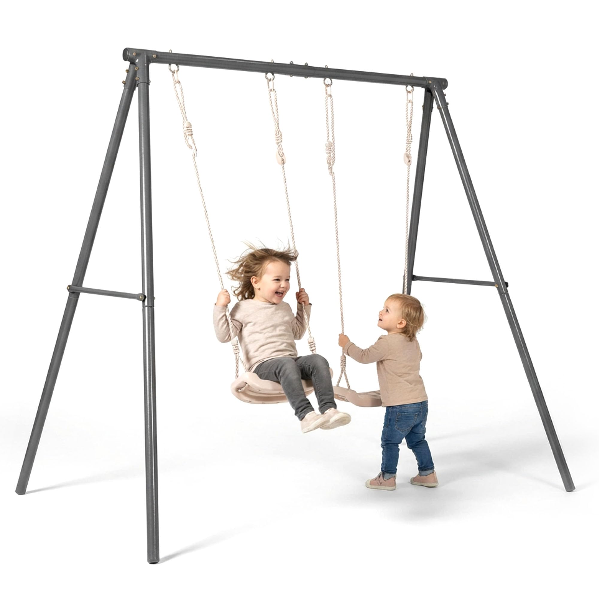 HyperMotion Doppelter Gartenschaukel für Kinder höhenverstellbar zwei Sitze stabile Stahlkonstruktion Bodenhülse beige für den Garten