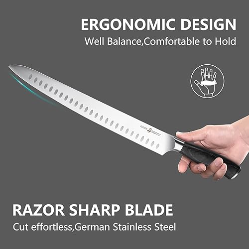 Miniatura 4 de TUO Cuchillo para rebanar  Cuchillo de tallar de 12 pulgadas de largo Granton Edge profesional cuchillo de carne, cuchillo de pechuga, acero